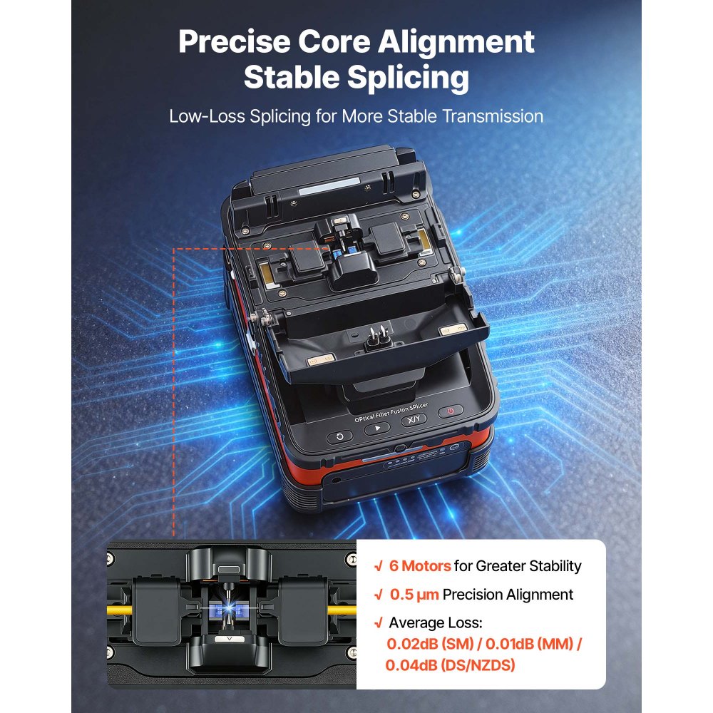 VEVOR Fiber Fusion Splicer 6 Motors with 8s Splicing & 18s Heating, 5200mAh Core Alignment Fibers Optical Splicer, 5" LCD Screen, 3 in 1 Fiber Holder, App Bluetooth Connectivity for SM MM DS NZDS