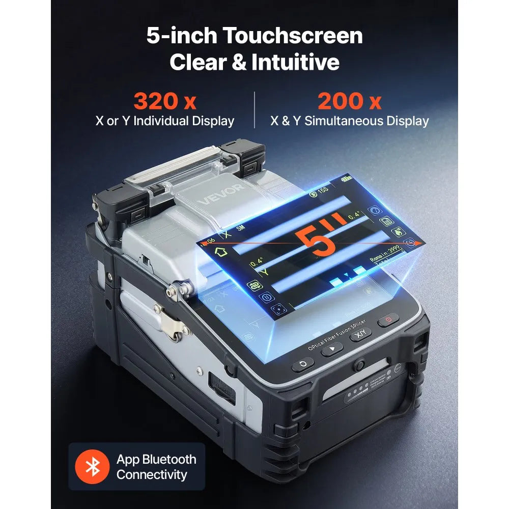 VEVOR Fiber Fusion Splicer 6 Motors with 6s Splicing & 15s Heating, 7800mAh Core Alignment Fiber Optical Splicer, 5" Touch Screen, 3 in 1 Fiber Holder, App Bluetooth Connectivity for SM MM DS NZDS