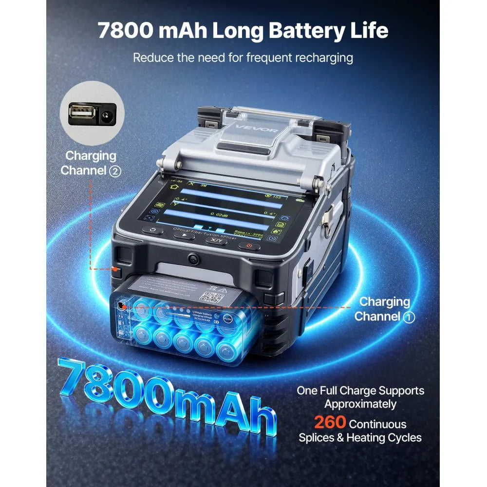 VEVOR Fiber Fusion Splicer 6 Motors with 6s Splicing & 15s Heating, 7800mAh Core Alignment Fiber Optical Splicer, 5" Touch Screen, 3 in 1 Fiber Holder, App Bluetooth Connectivity for SM MM DS NZDS