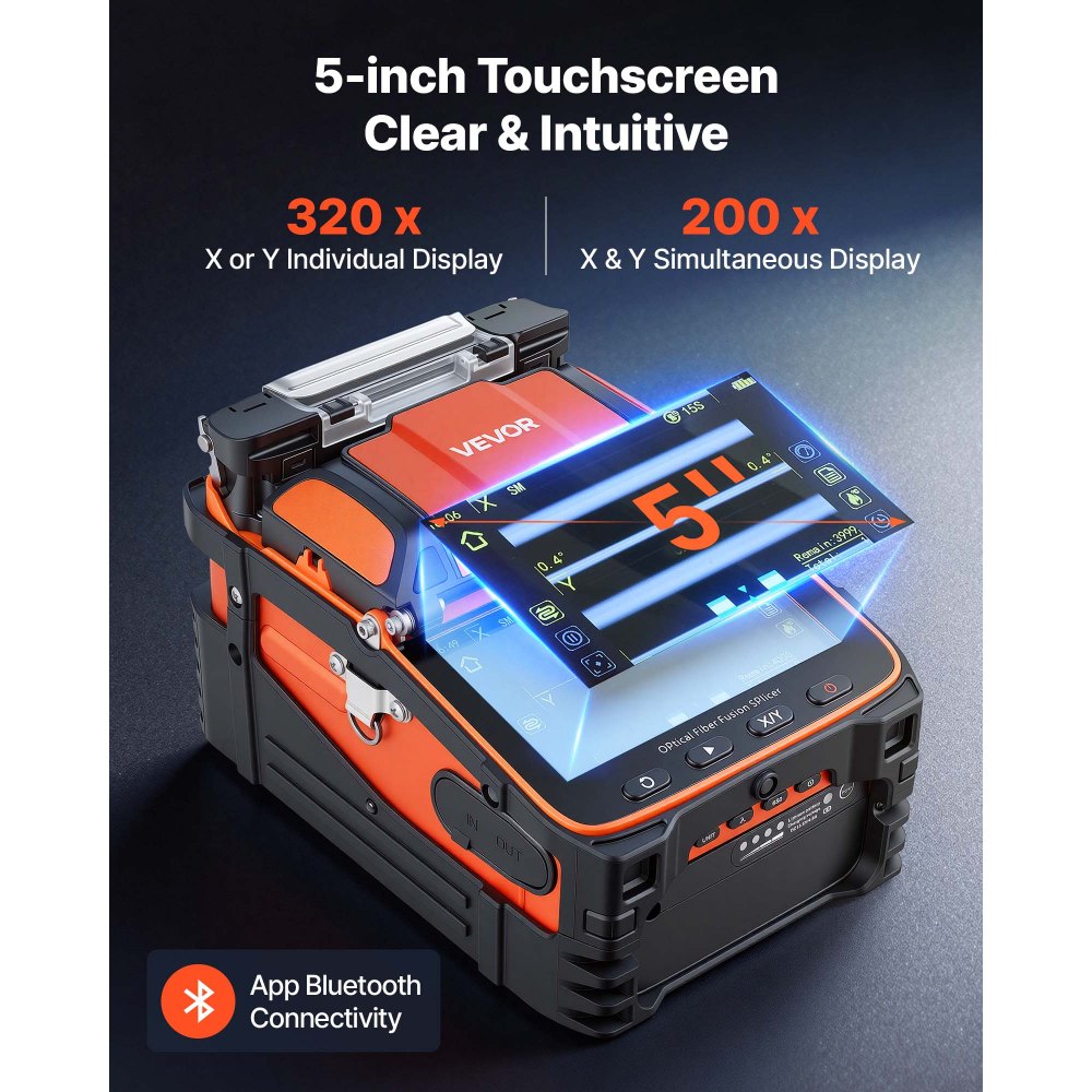 VEVOR Fiber Fusion Splicer 6 Motors with 5s Fast Splicing and 15s Heating, 7800mAh Core Alignment Fibers Optical Splicer with 5" Touchscreen, 3 in 1 Fiber Holder, VFL & OPM for SM MM DS NZDS