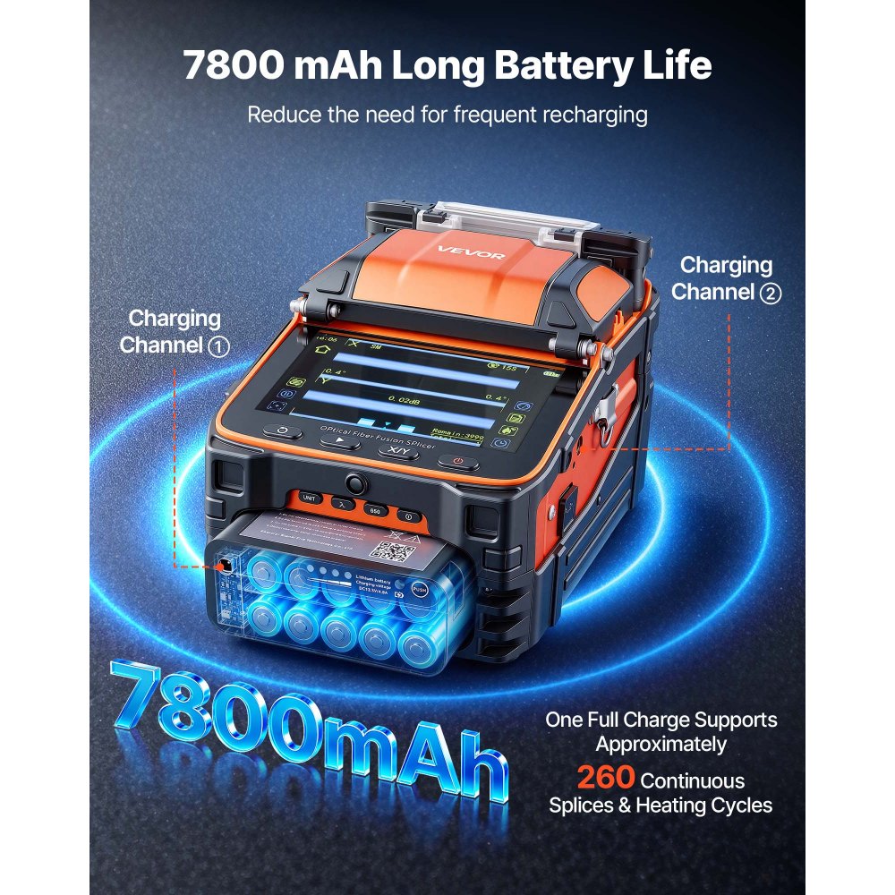 VEVOR Fiber Fusion Splicer 6 Motors with 5s Fast Splicing and 15s Heating, 7800mAh Core Alignment Fibers Optical Splicer with 5" Touchscreen, 3 in 1 Fiber Holder, VFL & OPM for SM MM DS NZDS