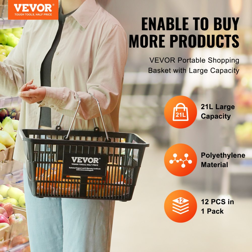 VEVOR Shopping Basket, Set of 12, 21L Durable Plastic Grocery Basket with Metal Handle and Stand, 16.73 x 12.01 x 8.58 inch Portable Shop Basket for Retail Store Supermarket Grocery Shopping, Black
