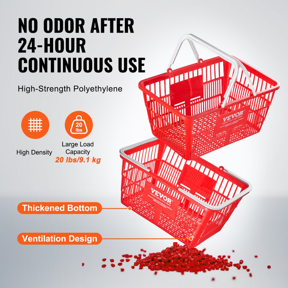 VEVOR Shopping Basket, Set of 20, 21L Durable Plastic Grocery Basket with Handle and Stand, 16.5 x 11.8 x 8.27 inch Portable Shop Basket Bulk Used for Retail Store Supermarket Grocery Shopping, Red
