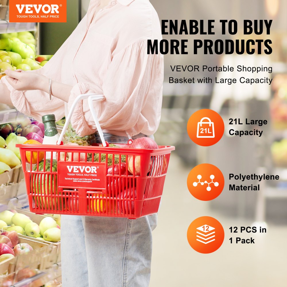 VEVOR Shopping Basket, Set of 12, 21L Durable Plastic Grocery Basket with Handle and Stand, 16.5 x 11.8 x 8.27 inch Portable Shop Basket Bulk Used for Retail Store Supermarket Grocery Shopping, Red