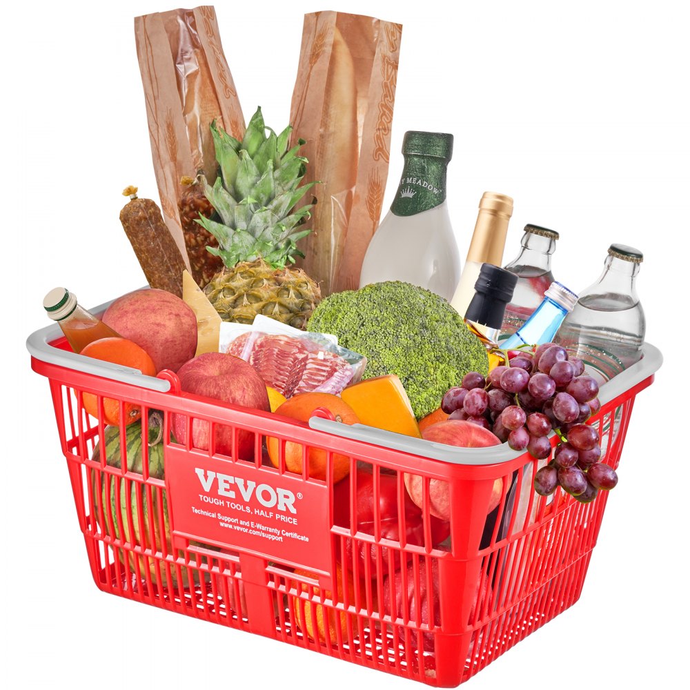 VEVOR Shopping Basket, Set of 12, 21L Durable Plastic Grocery Basket with Handle and Stand, 16.5 x 11.8 x 8.27 inch Portable Shop Basket Bulk Used for Retail Store Supermarket Grocery Shopping, Red