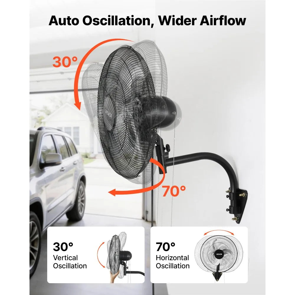 VEVOR Wall Mount Fan, 18 in Wall Mounted Hanging Fan Oscillating, 3-Speed, Long Airflow Distance, Adjustable Rotation Angle, Mechanical Powerful for Industry, Commercial, Garage, Workshop, Gym, Black