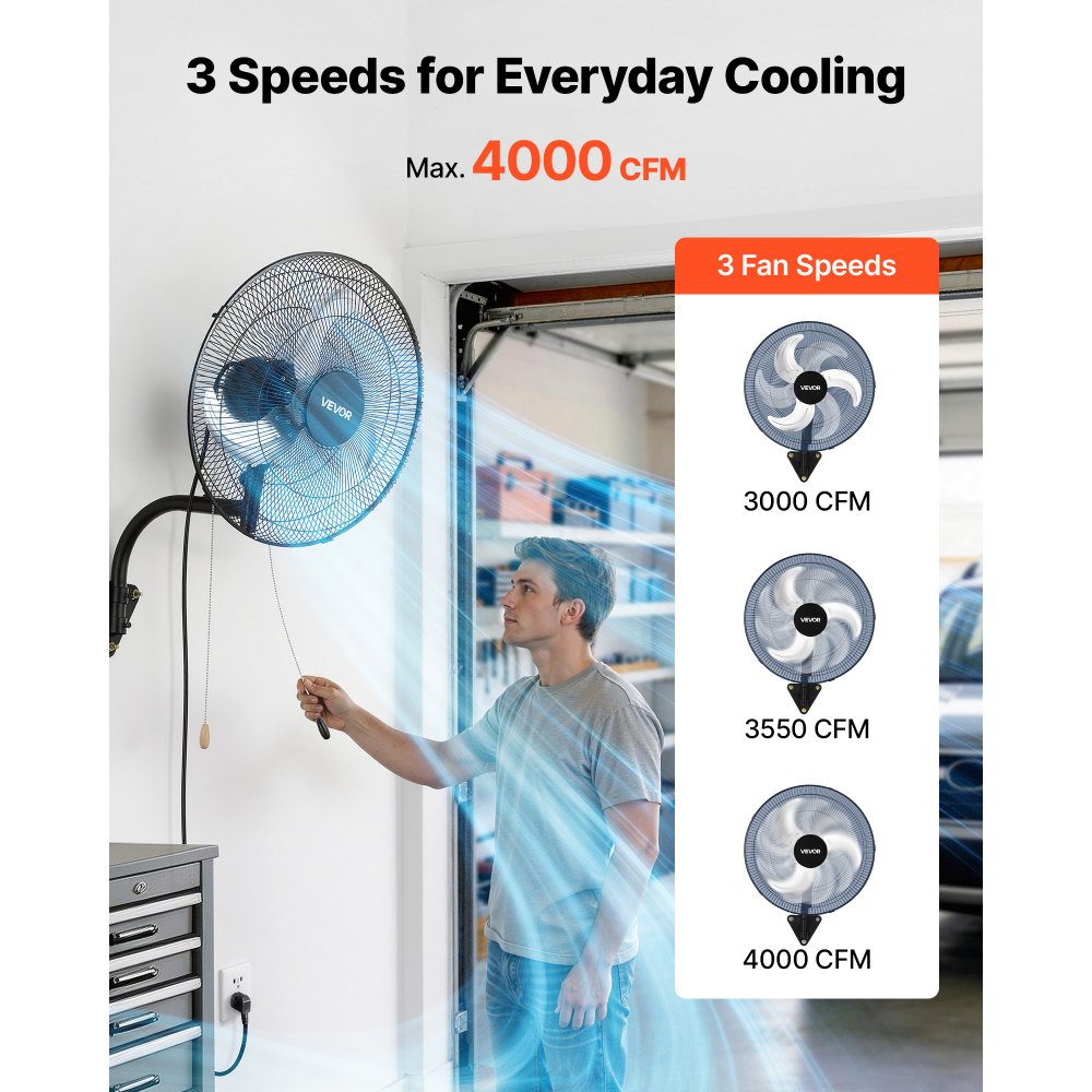 VEVOR Wall Mount Fan, 18 in Wall Mounted Hanging Fan Oscillating, 3-Speed, Long Airflow Distance, Adjustable Rotation Angle, Mechanical Powerful for Industry, Commercial, Garage, Workshop, Gym, Black