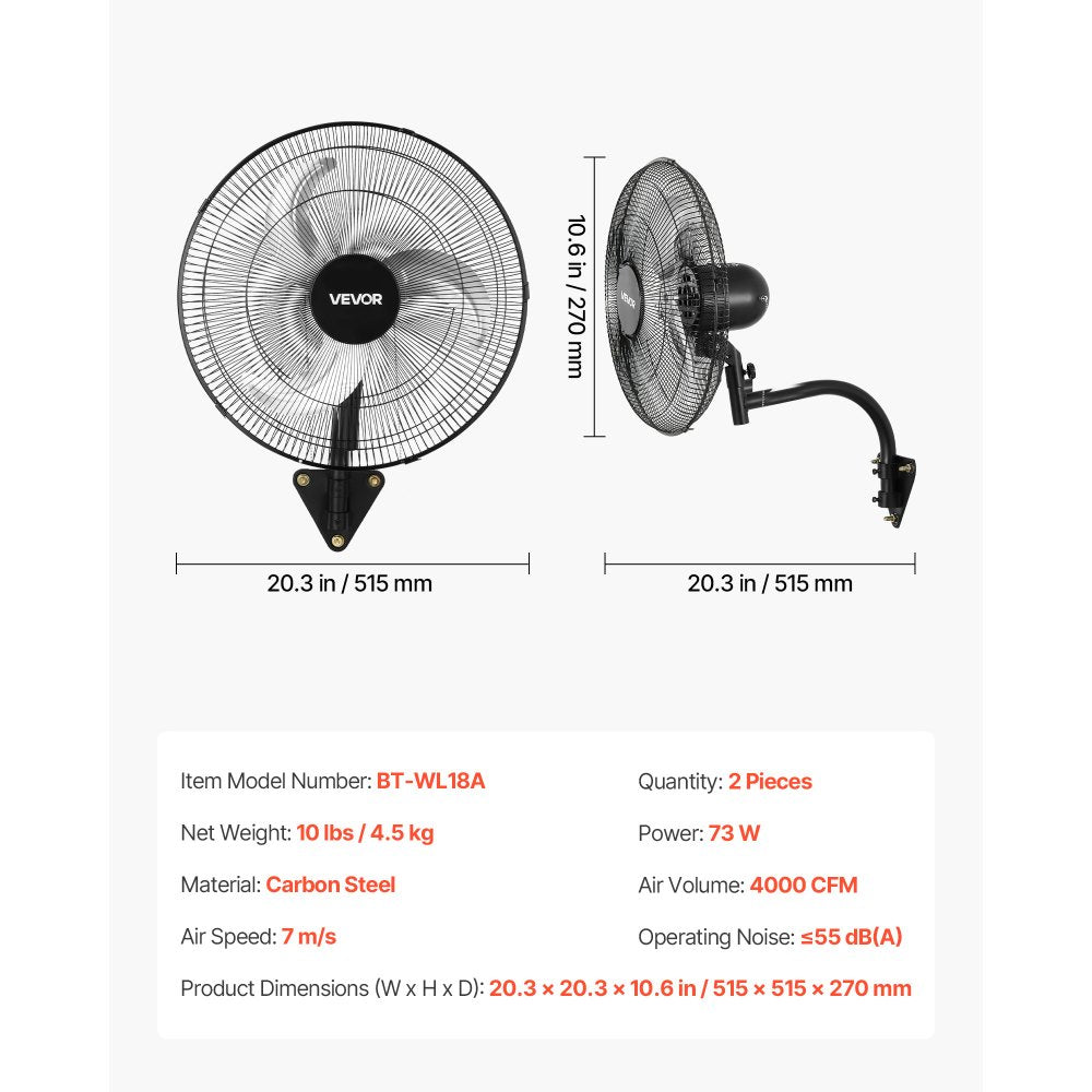 VEVOR Wall Mount Fan, 18 in Wall Mounted Hanging Fan Oscillating, 3-Speed, Long Airflow Distance, Adjustable Rotation Angle, Mechanical Powerful for Industry, Commercial, Garage, Workshop, Gym, 2 Pack