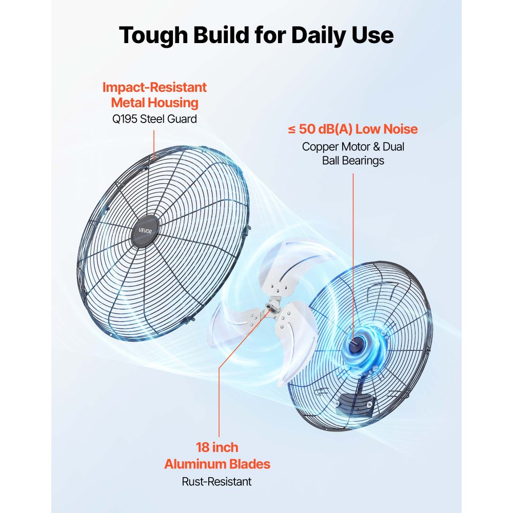 VEVOR Wall Mount Fan, 18 in Wall Mounted Hanging Fan with IP44-rated Protection, 3-Speed, Long Airflow Distance, Adjustable Rotation Angle, Powerful for Industry, Commercial, Garage, Workshop
