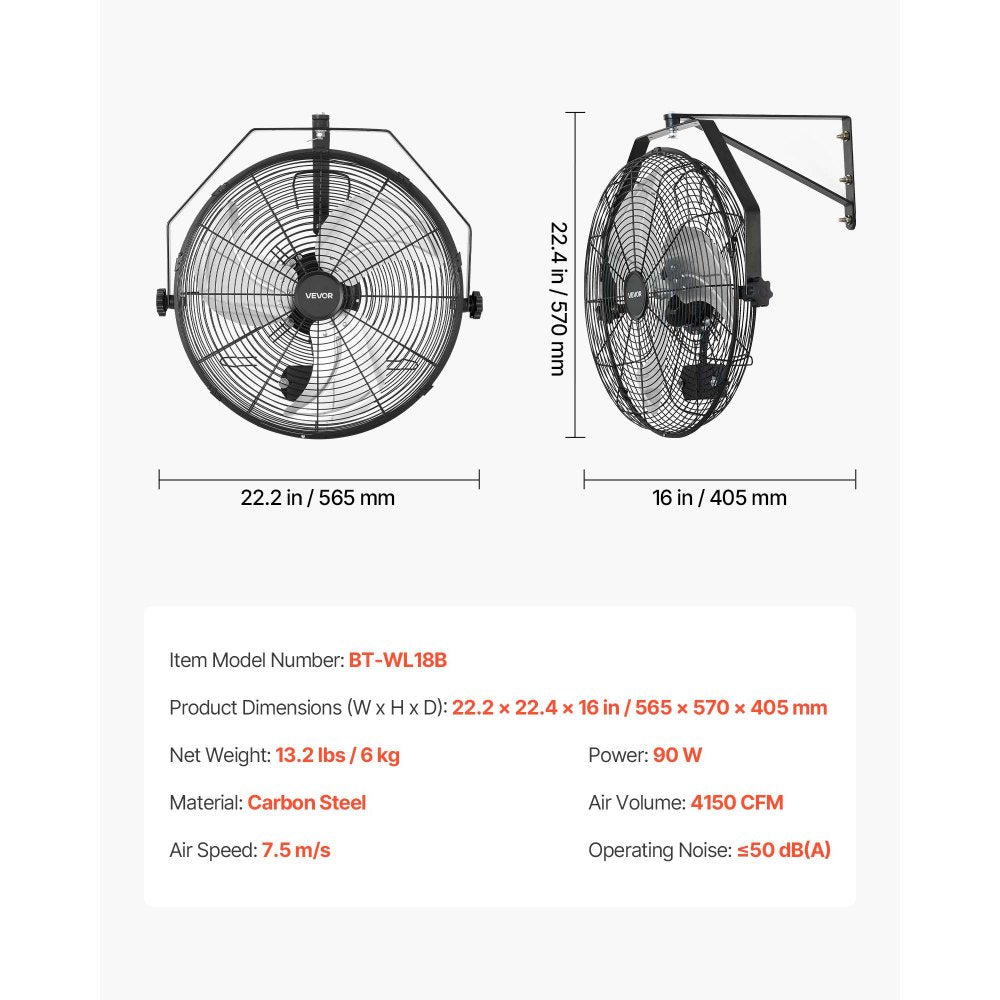 VEVOR Wall Mount Fan, 18 in Wall Mounted Hanging Fan with IP44-rated Protection, 3-Speed, Long Airflow Distance, Adjustable Rotation Angle, Powerful for Industry, Commercial, Garage, Workshop