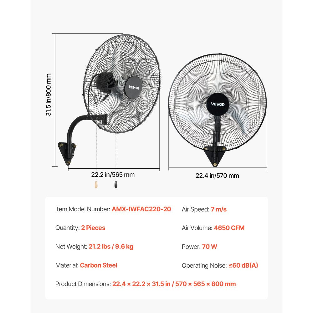 VEVOR Wall Mount Fan, 20 in Wall Mounted Hanging Fan Oscillating, 3-Speed, Long Airflow Distance, Adjustable Rotation Angle, Mechanical Powerful for Industry, Commercial, Garage, Workshop, Gym, 2 Pack
