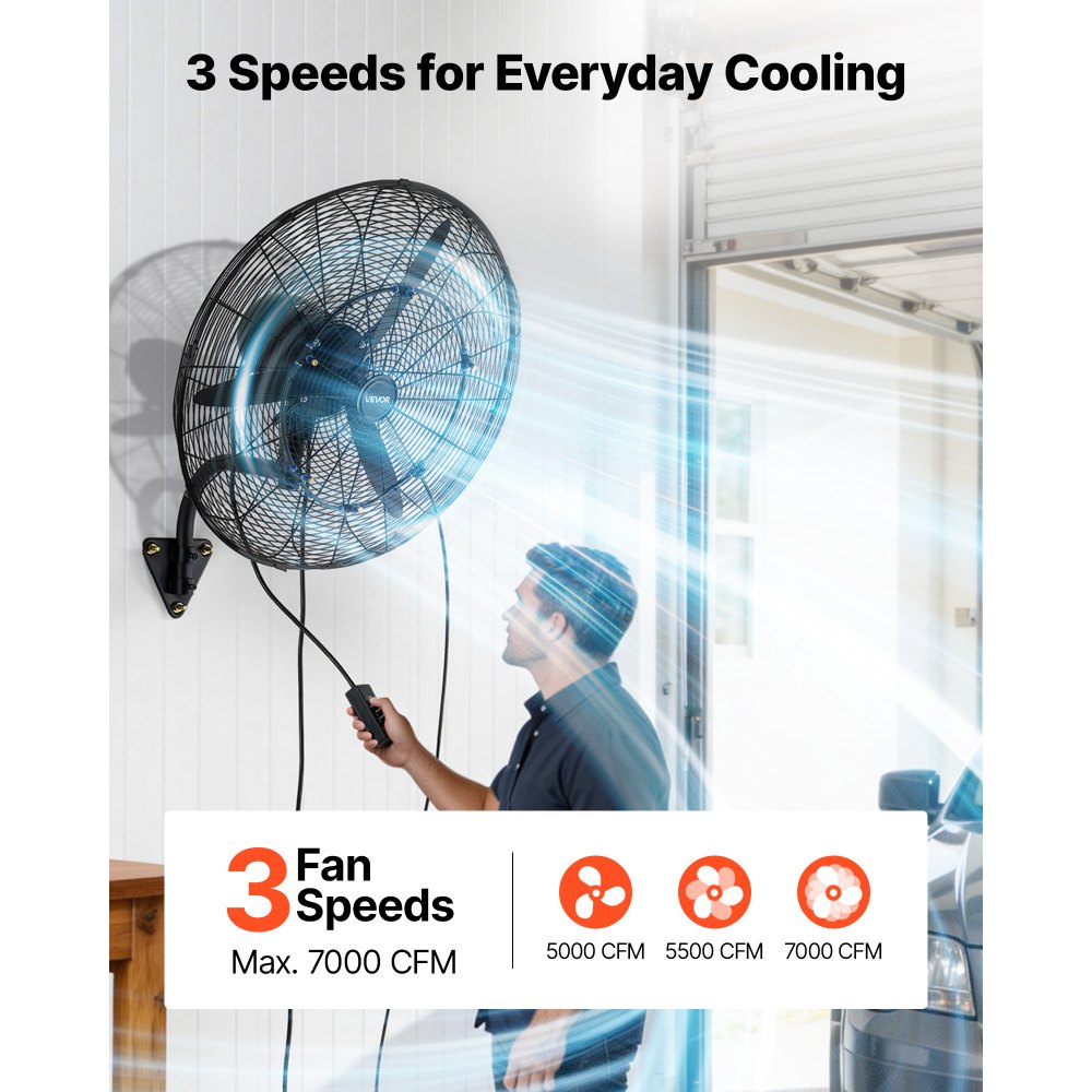 VEVOR Wall Mount Fan, 24 in Wall Mounted Hanging Fan with Oscillating & Mist, IP44-rated, 3-Speed, Powerful Air Reach, Mechanical Control, Long Airflow for Industry, Commercial, Garage, Workshop