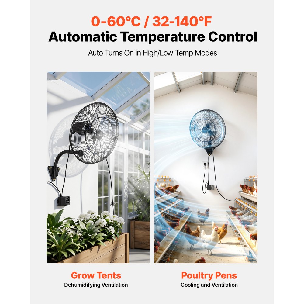 VEVOR Wall Mount Fan, 20 in Wall Mounted Hanging Fan with Oscillating & Mist, Remote, IP44-rated, 3-Speed, 18h Timer, Temperature Control, Powerful for Industry, Commercial, Garage, Workshop, Gym