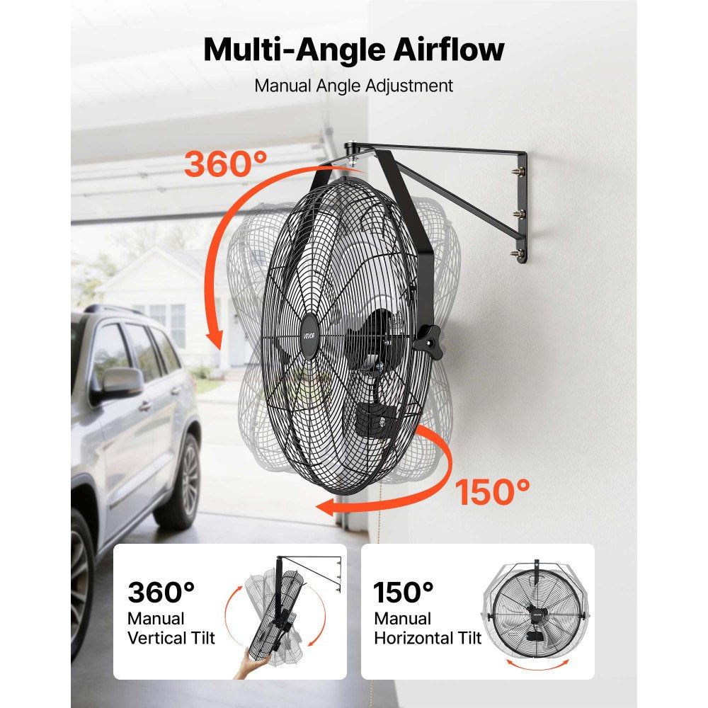 VEVOR Wall Mount Fan, 20 in Wall Mounted Hanging Fan, 3-Speed, Long Airflow Distance, Adjustable Rotation Angle, Mechanical Control, Powerful for Industry, Commercial, Garage, Workshop, Gym, 2 Pack