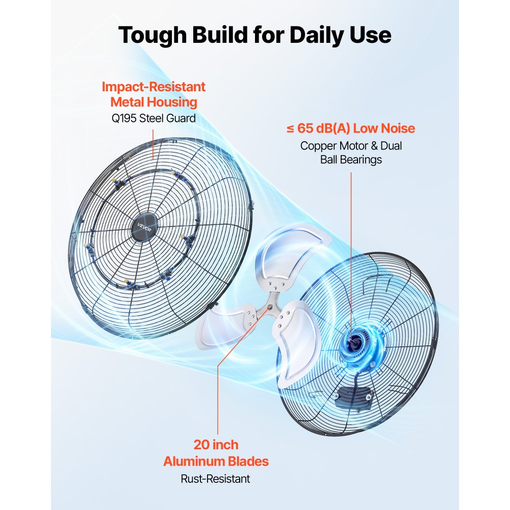 VEVOR Wall Mount Fan, 20 in Wall Mounted Hanging Fan with Mist, IP44-rated Protection, 3-Speed, Long Airflow Distance, Adjustable Rotation Angle, Powerful for Industry, Commercial, Garage, Workshop