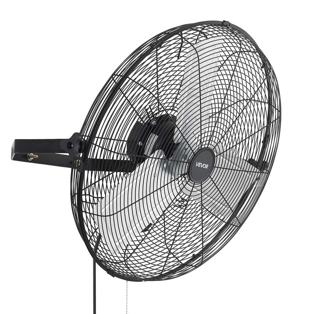 VEVOR Wall Mount Fan, 24 in Wall Mounted Hanging Fan, 3-Speed, Long Airflow Distance, Adjustable Rotation Angle, Mechanical Control, Powerful for Industry, Commercial, Garage, Workshop, Gym, Black