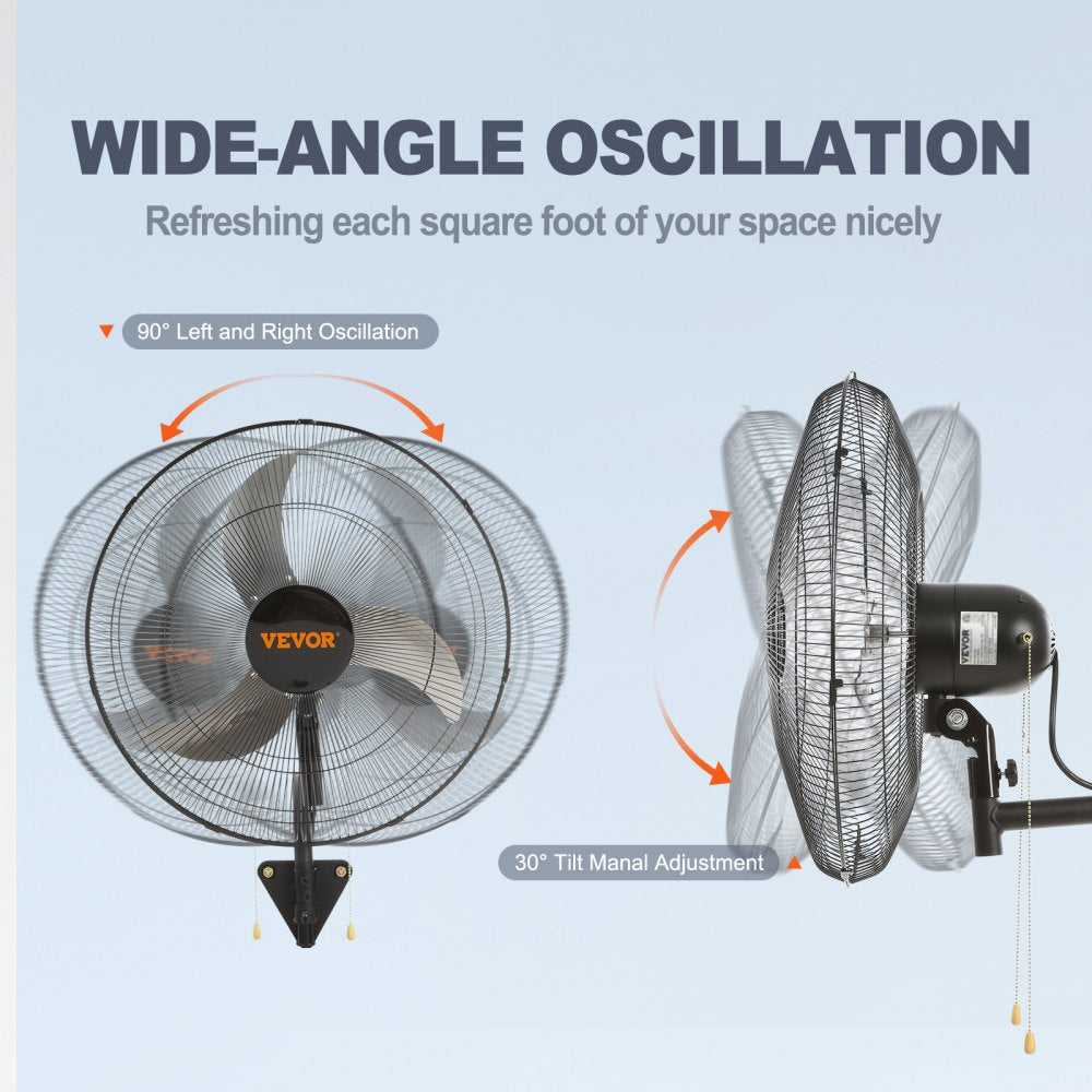VEVOR Wall Mount Fan, 20 Inch, 3-speed High Velocity Max. 4650 CFM Oscillating Industrial Wall Fan, Commercial or Residential for Warehouse, Greenhouse, Workshop, Patio, Basement, Black, ETL Listed