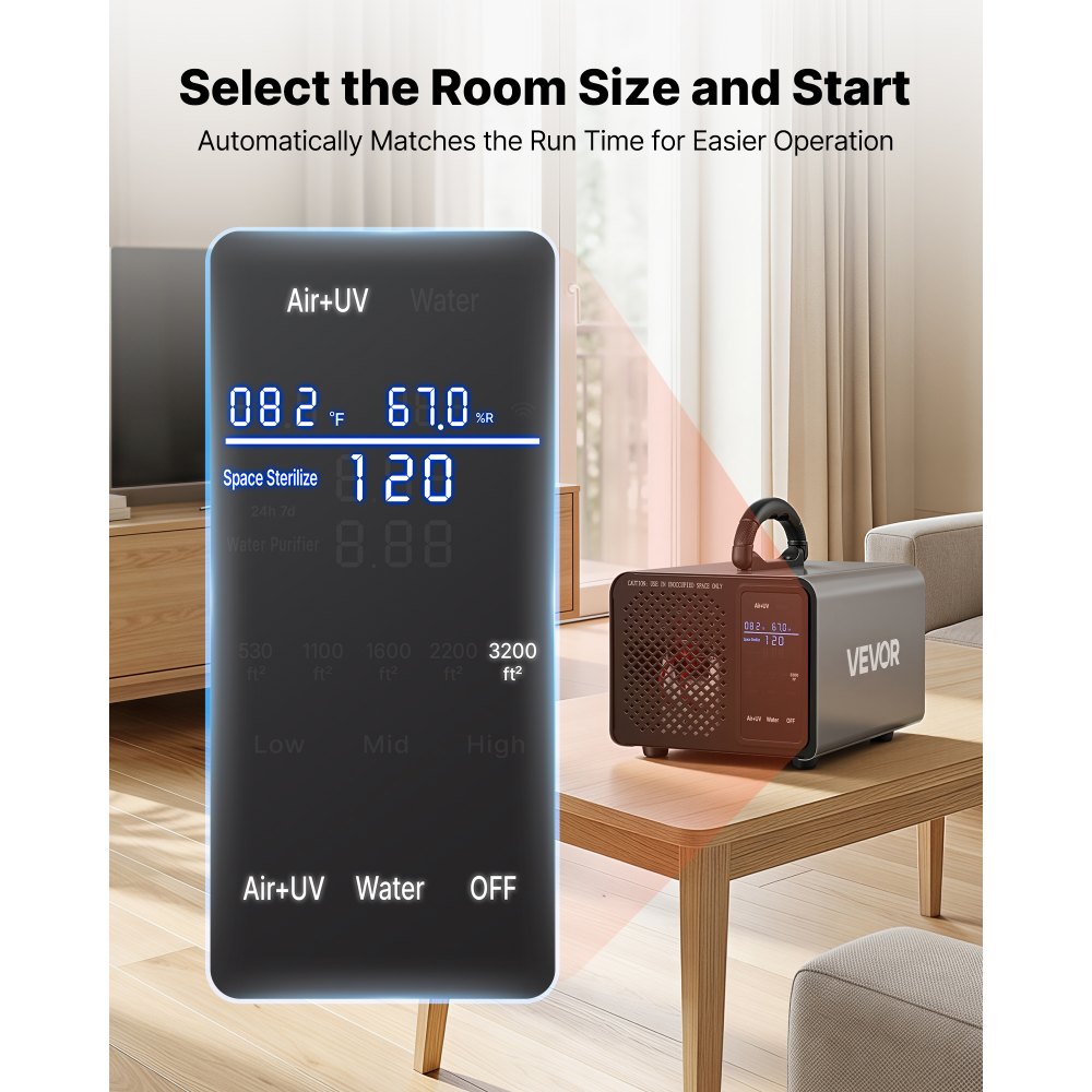 VEVOR Ozone Generator, 36000mg/h Commercial Ozone Machine, with 15s Delayed Start & Area-Based Timer & LCD Touchscreen Display, Industrial Deodorizer for Car, Smoke, Home Odors, Up to 3200 sq.ft