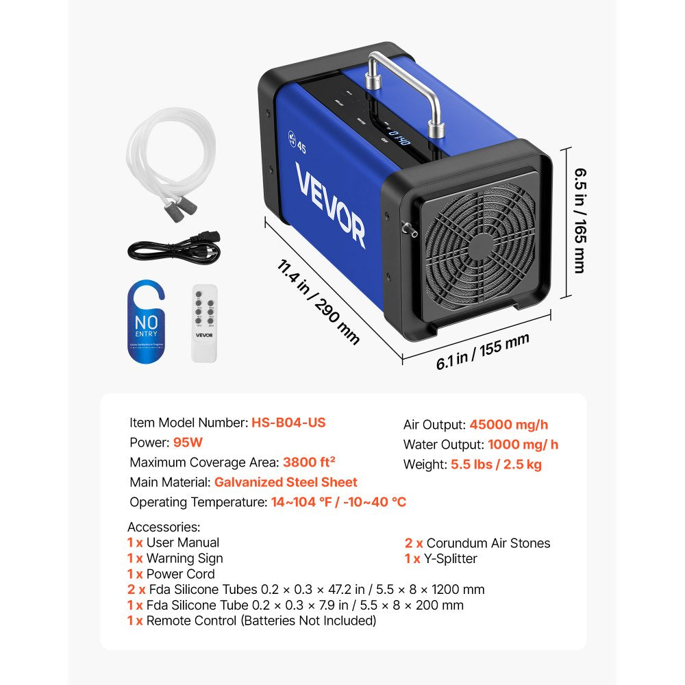 VEVOR Ozone Generator, 45000mg/h Commercial Ozone Machine, with 15s Delayed Start & Dual-Hose Water Mode & LCD Touchscreen, Industrial Deodorizer for Car, Smoke, Home Odors, Up to 3800 sq.ft