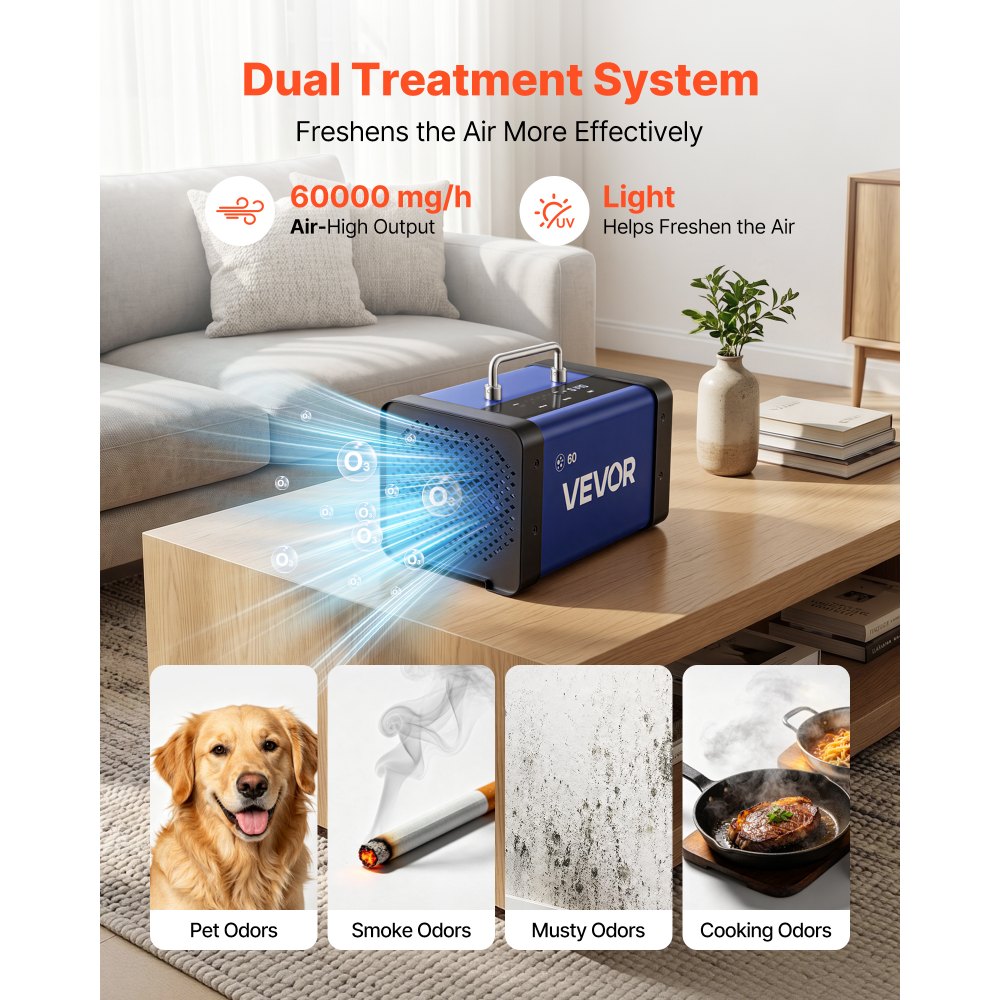VEVOR Ozone Generator, 60000mg/h Commercial Ozone Machine, with 15s Delayed Start & Dual-Hose Water Mode & LCD Touchscreen, Industrial Deodorizer for Car, Smoke, Home Odors, Up to 4800 sq.ft