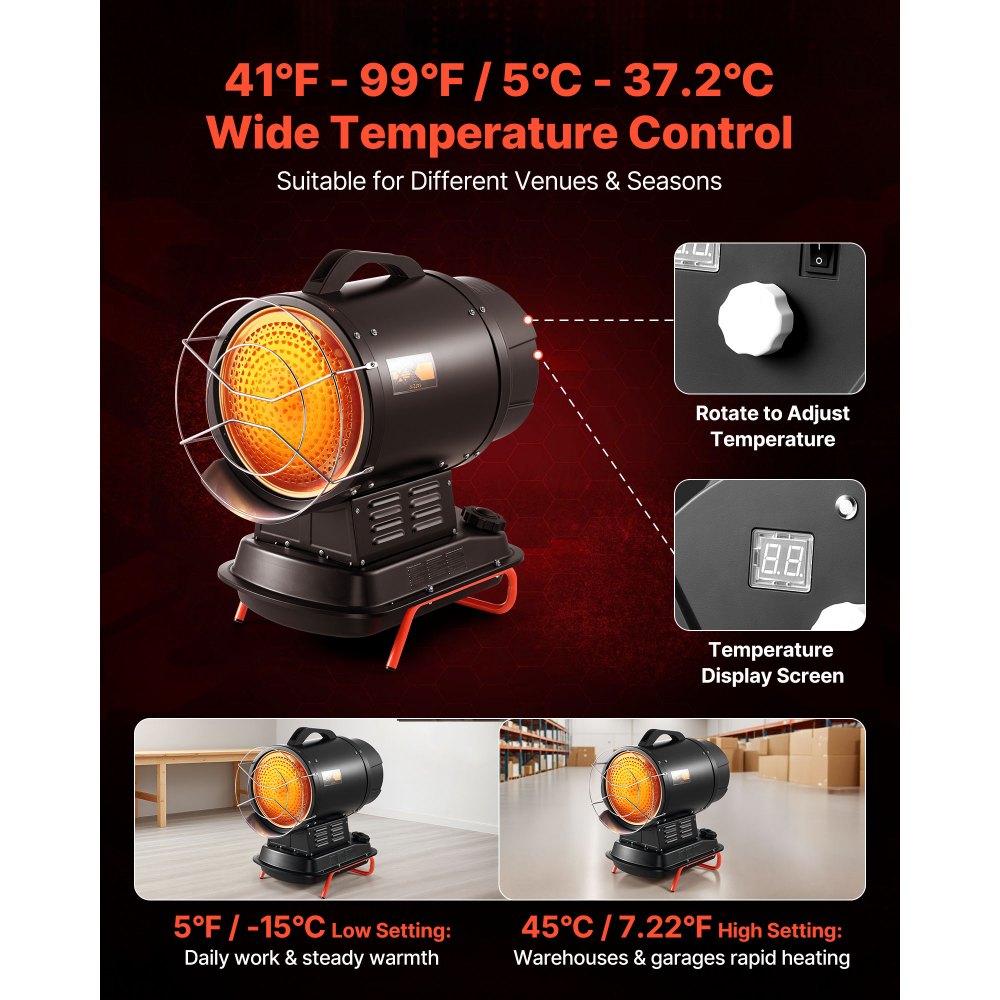 VEVOR radiant kerosene heater - wide temperature control (41°F-99°F) graphic