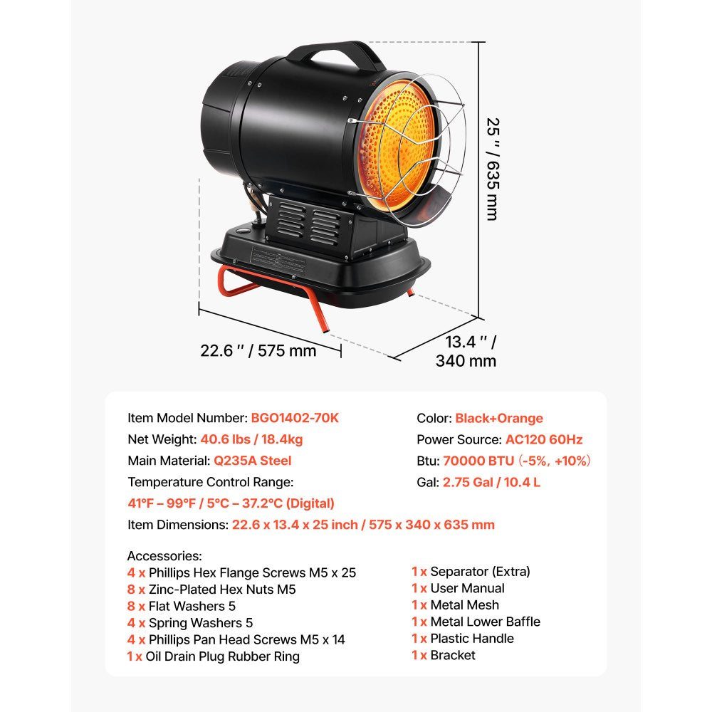 VEVOR radiant kerosene heater - dimensions and accessory list graphic