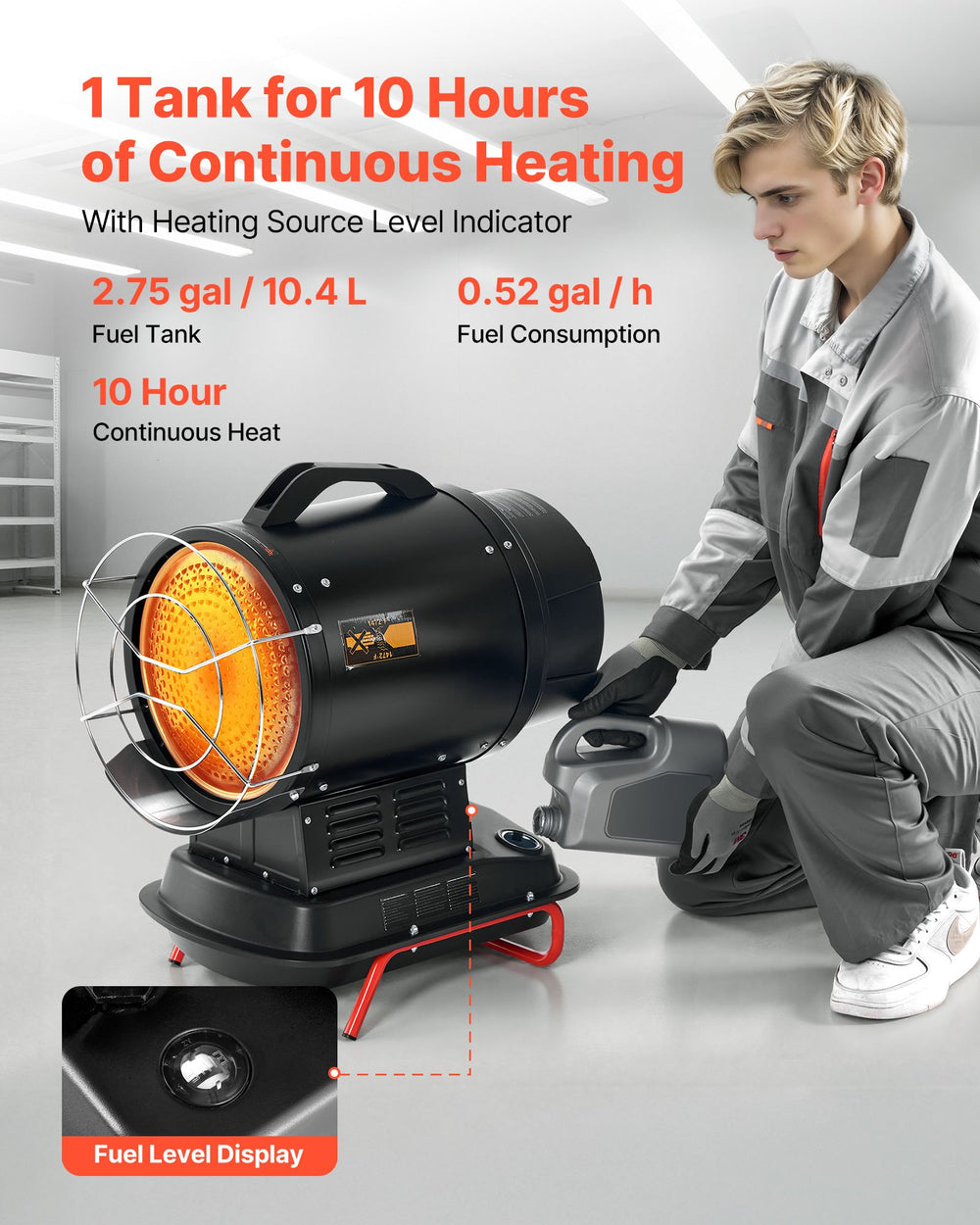 VEVOR radiant kerosene heater - continuous heating and fuel consumption graphic