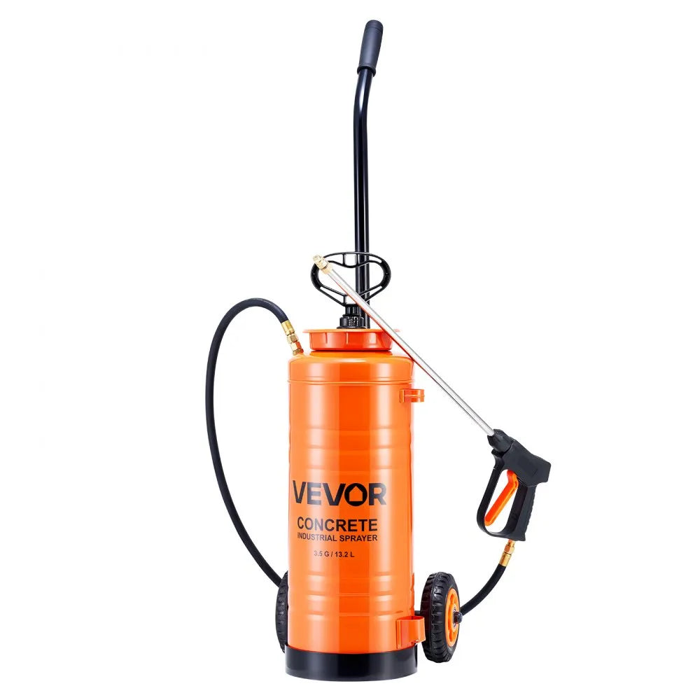 VEVOR Industrial Concrete Sprayer with Wheeled Cart, 3.5 Gallon Stainless Steel Sprayer, Heavy Duty Tri-Poxy Pump Sprayers, 20.5"Wand, 48" & 120"Hoses, 2 Brass Nozzles for Construction, Lawn & Garden