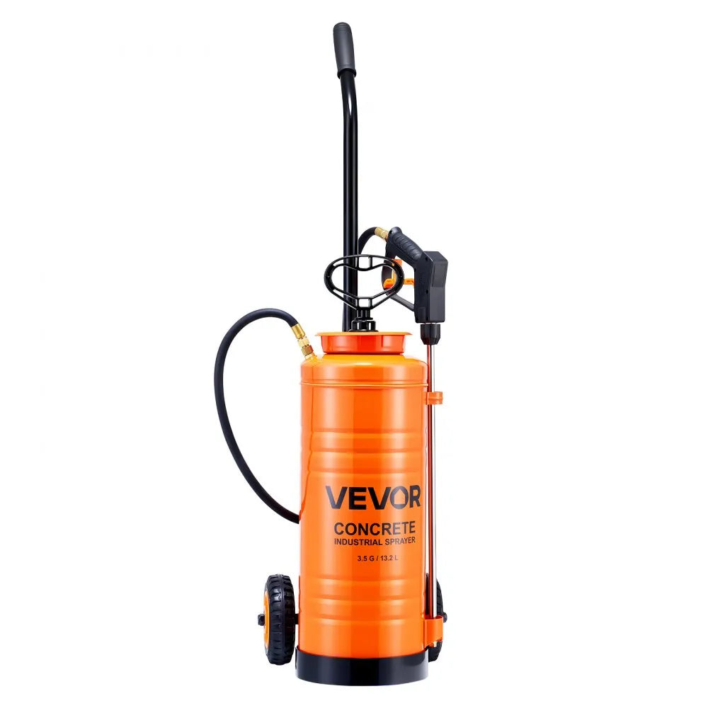 VEVOR Industrial Concrete Sprayer with Wheeled Cart, 3.5 Gallon Stainless Steel Sprayer, Heavy Duty Tri-Poxy Pump Sprayers, 20.5"Wand, 48" & 120"Hoses, 2 Brass Nozzles for Construction, Lawn & Garden