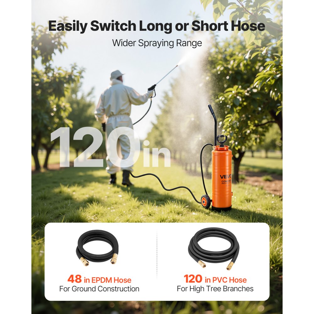 VEVOR Industrial Concrete Sprayer with Wheeled Cart, 5 Gallon Stainless Steel Sprayer, Heavy Duty Tri-Poxy Pump Sprayers, 20.5''Wand, 48" & 120" Hoses, 2 Brass Nozzles for Construction, Lawn & Garden