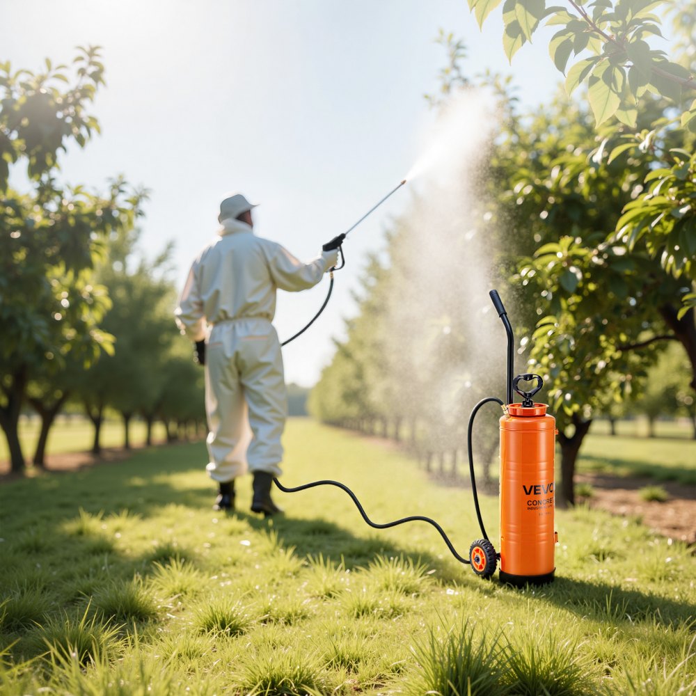 VEVOR Industrial Concrete Sprayer with Wheeled Cart, 5 Gallon Stainless Steel Sprayer, Heavy Duty Tri-Poxy Pump Sprayers, 20.5''Wand, 48" & 120" Hoses, 2 Brass Nozzles for Construction, Lawn & Garden