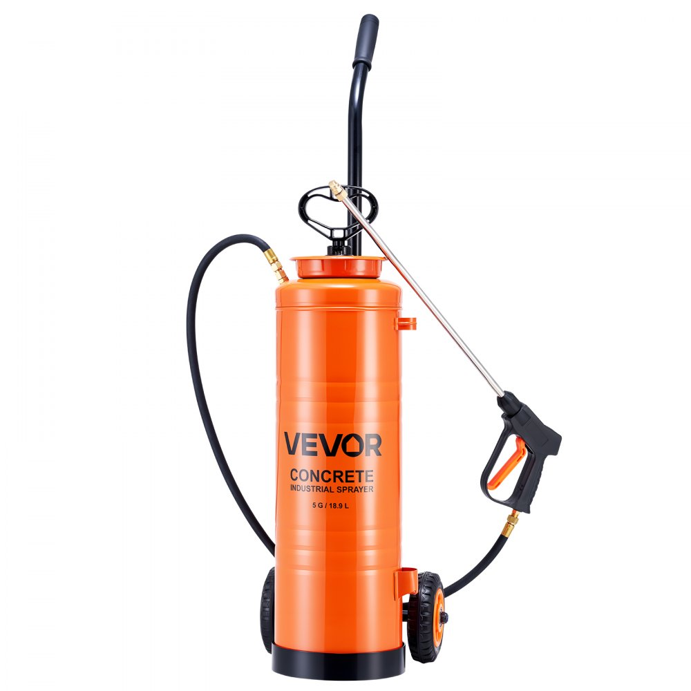 VEVOR Industrial Concrete Sprayer with Wheeled Cart, 5 Gallon Stainless Steel Sprayer, Heavy Duty Tri-Poxy Pump Sprayers, 20.5''Wand, 48" & 120" Hoses, 2 Brass Nozzles for Construction, Lawn & Garden
