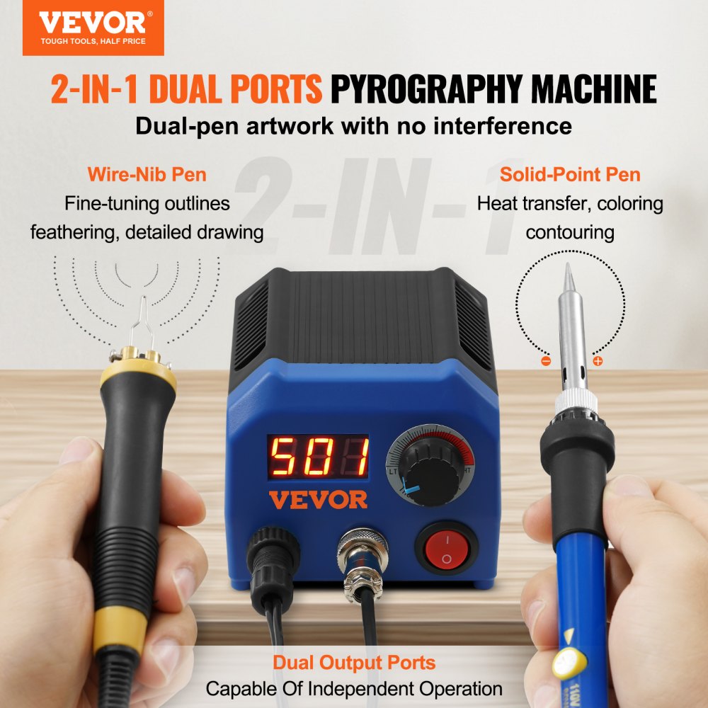 VEVOR Wood Burning Kit, 250~700°C Adjustable Temperature with Display, Dual Output Port with 2 Pyrography Pens, 23 Wire Nibs, 5 Solid-Point Tips, 2 Pen Holder, 4 Wood Chip, 1 Tweezers, 1 Sponge