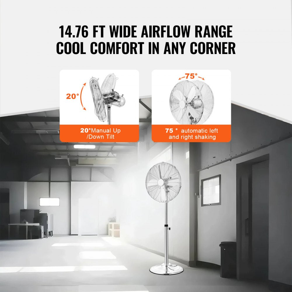 VEVOR Industrial Pedestal Fan, 16 Inch 75-Degree Oscillating Fan, Height Adjustable Standing Fans with 3 Adjustable Speeds, High Power Floor Fans for Office, Silver