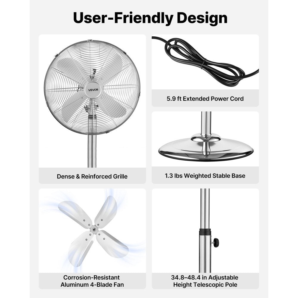 VEVOR 16-Inch High Velocity Pedestal Fan, 1450 CFM Industrial Standing Floor Fan with Handle, 75° Oscillating, 3-Speed Adjustable Height, Metal Made for Commercial, Garage, Workshop, Home, Silver