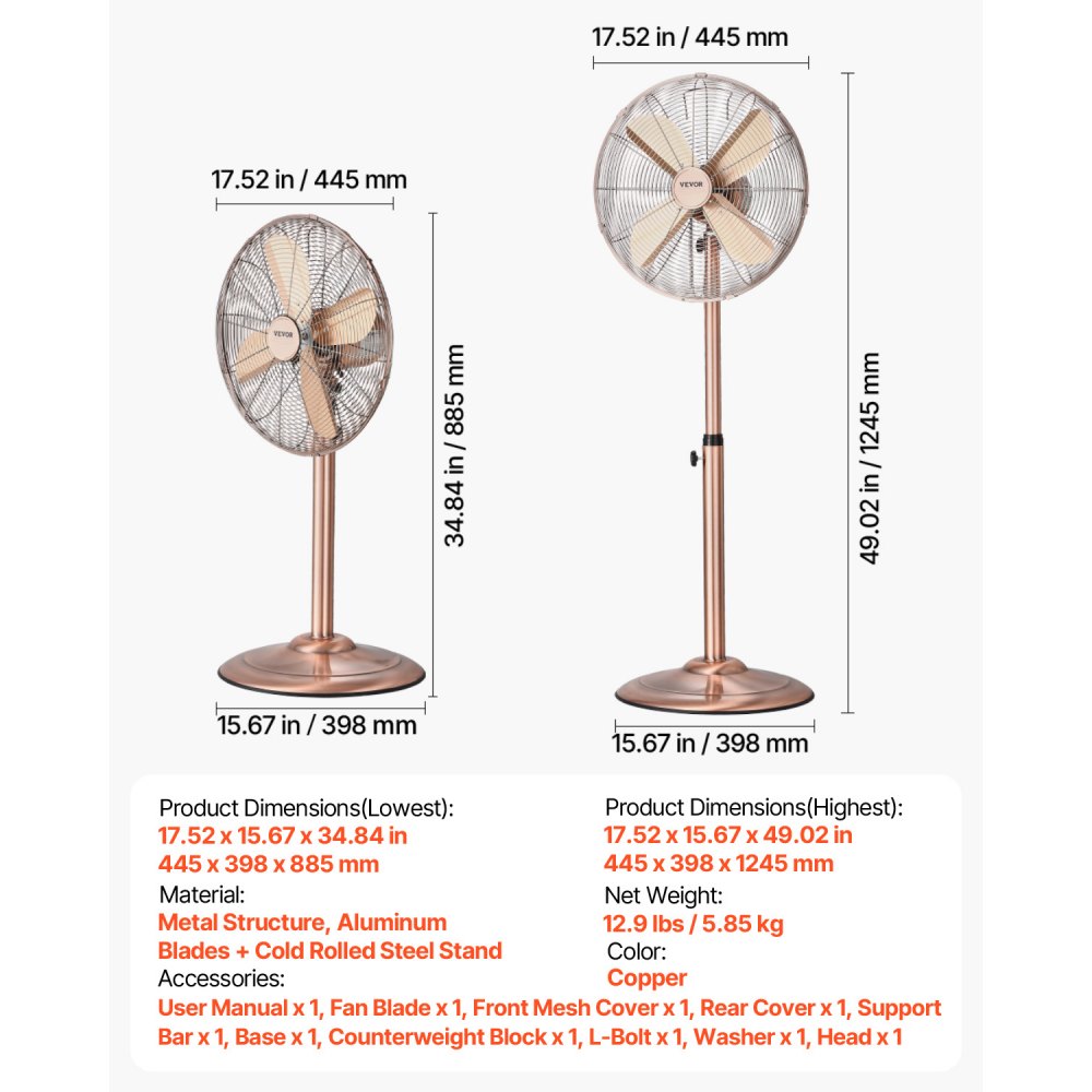 VEVOR Industrial Pedestal Fan, 16 Inch 75-Degree Oscillating Fan, Height Adjustable Standing Fans with 3 Adjustable Speeds, High Power Floor Fans for Bedroom, Living Room, Home, Office, Copper