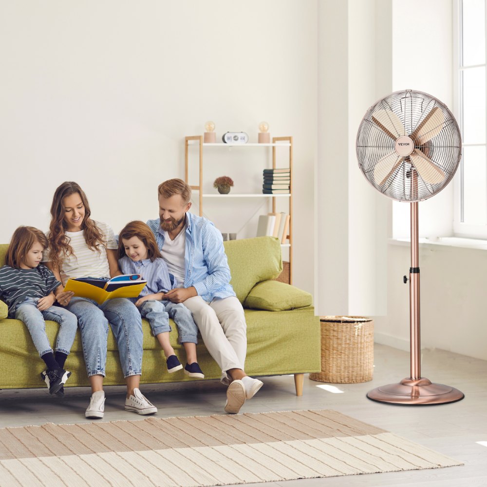 VEVOR Industrial Pedestal Fan, 16 Inch 75-Degree Oscillating Fan, Height Adjustable Standing Fans with 3 Adjustable Speeds, High Power Floor Fans for Bedroom, Living Room, Home, Office, Copper