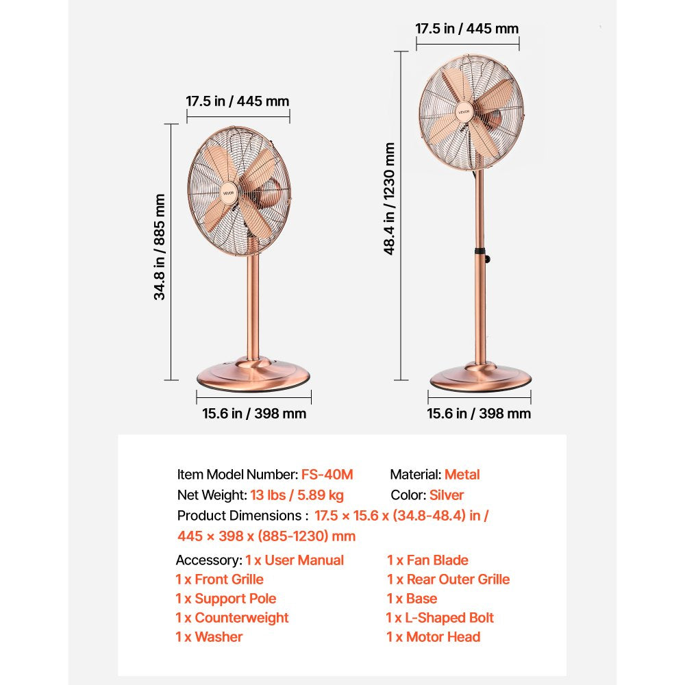 VEVOR 16-Inch High Velocity Pedestal Fan, 1450 CFM Industrial Standing Floor Fan with Handle, 75° Oscillating, 3-Speed Adjustable Height, Metal Made for Commercial, Garage, Workshop, Home, Copper