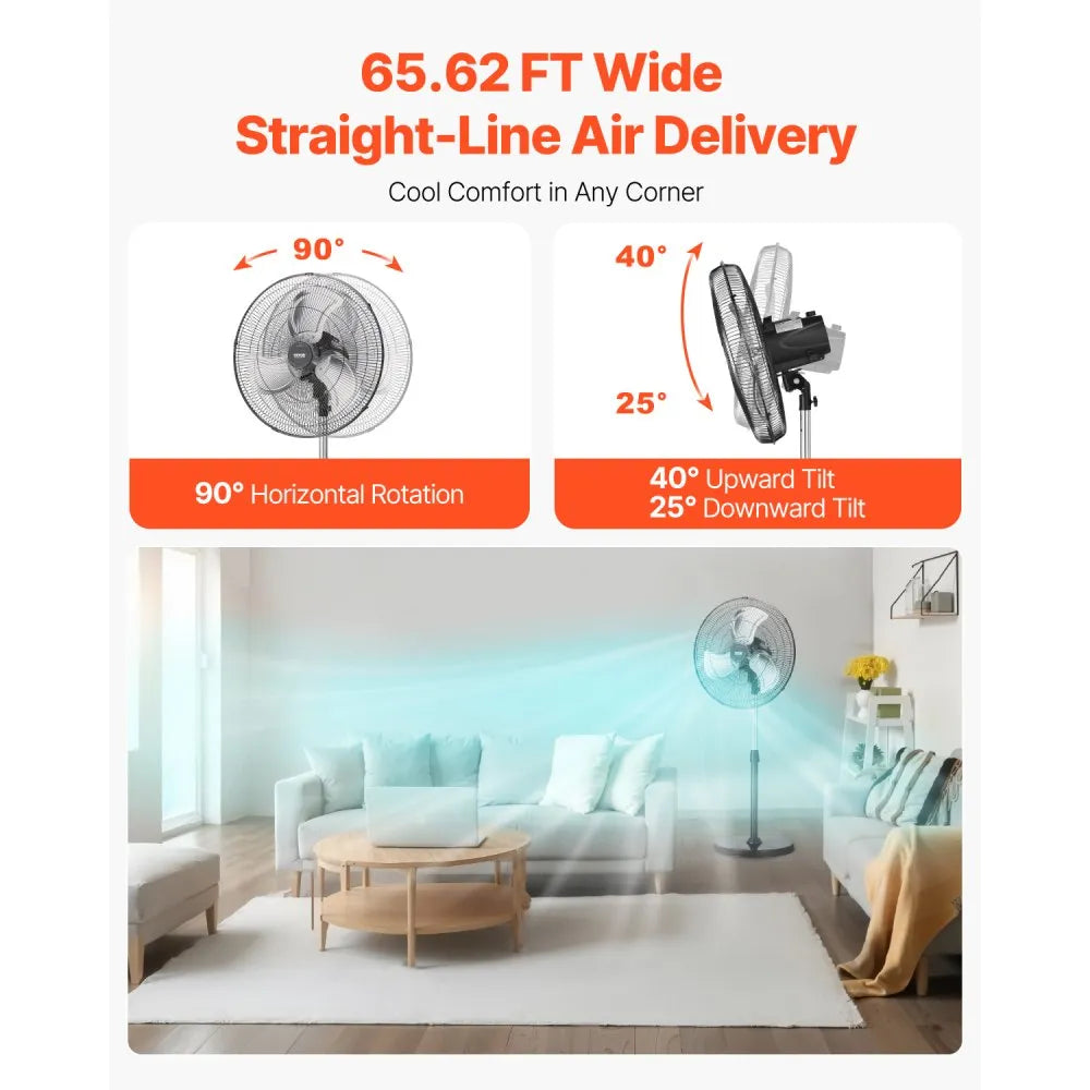 VEVOR Industrial Pedestal Fan, 18 Inch 90-Degree Oscillating Fan, Height Adjustable Standing Fans with 3 Adjustable Speeds, High Power Fans for Warehouse,Garage,Commercial,Residential, Black