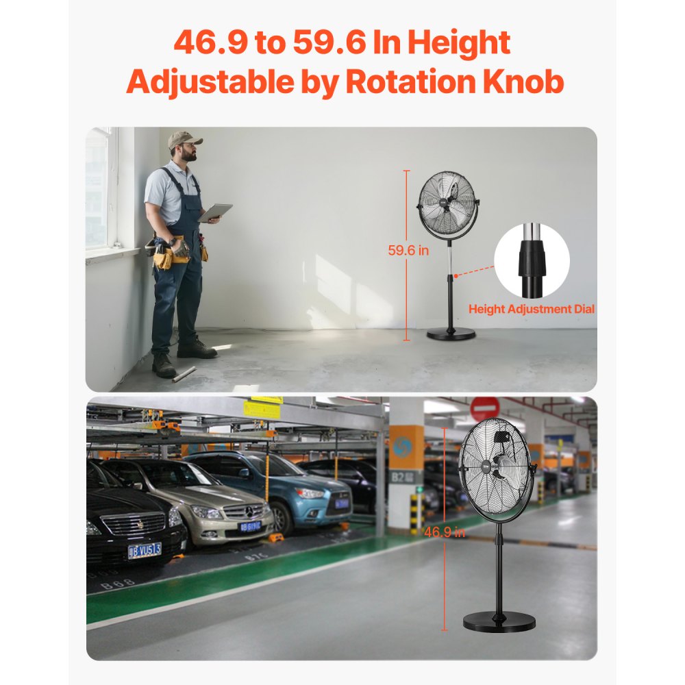 VEVOR Industrial Pedestal Fan, 20 Inch Standing Fan with 46.9 to 59.6 Inches Adjustable Height, Floor Fans with 3 Adjustable Speeds, High Power Fans for Warehouse,Garage,Commercial,Residential, Black
