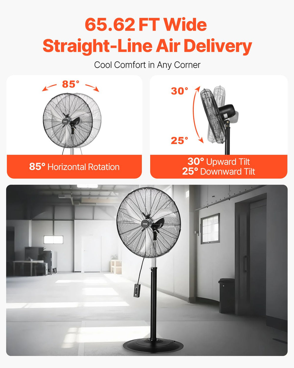 VEVOR Industrial Pedestal Fan, 24 Inch 85-Degree Oscillating Fan, Height Adjustable Standing Fans with 3 Adjustable Speeds, High Power Fans for Warehouse,Garage,Commercial, Black