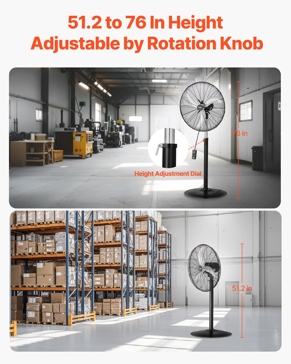 VEVOR Industrial Pedestal Fan, 24 Inch 85-Degree Oscillating Fan, Height Adjustable Standing Fans with 3 Adjustable Speeds, High Power Fans for Warehouse,Garage,Commercial, Black