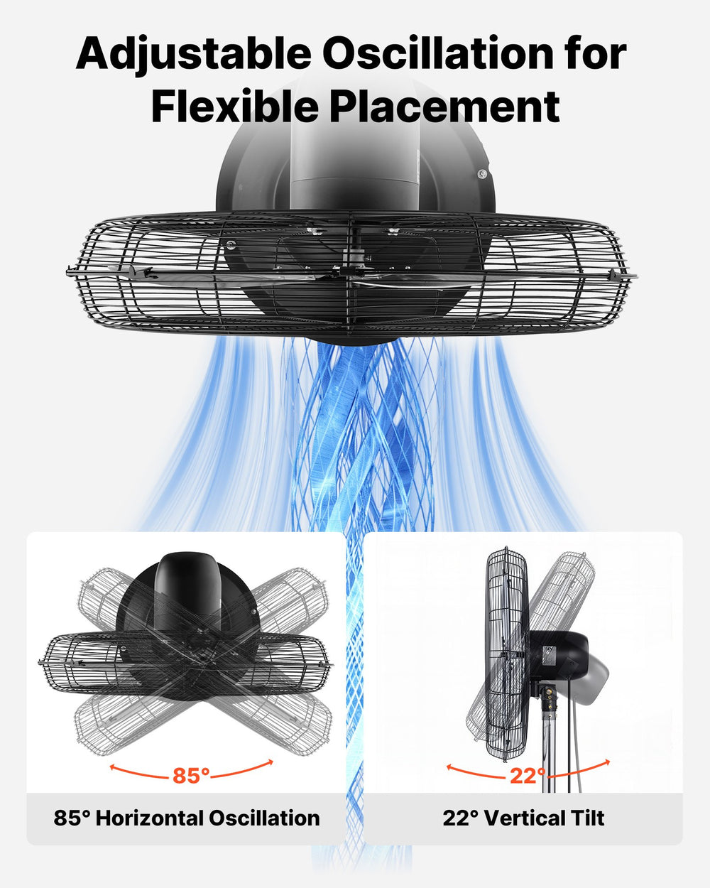 VEVOR 30-Inch High Velocity Pedestal Fan - adjustable oscillation infographic