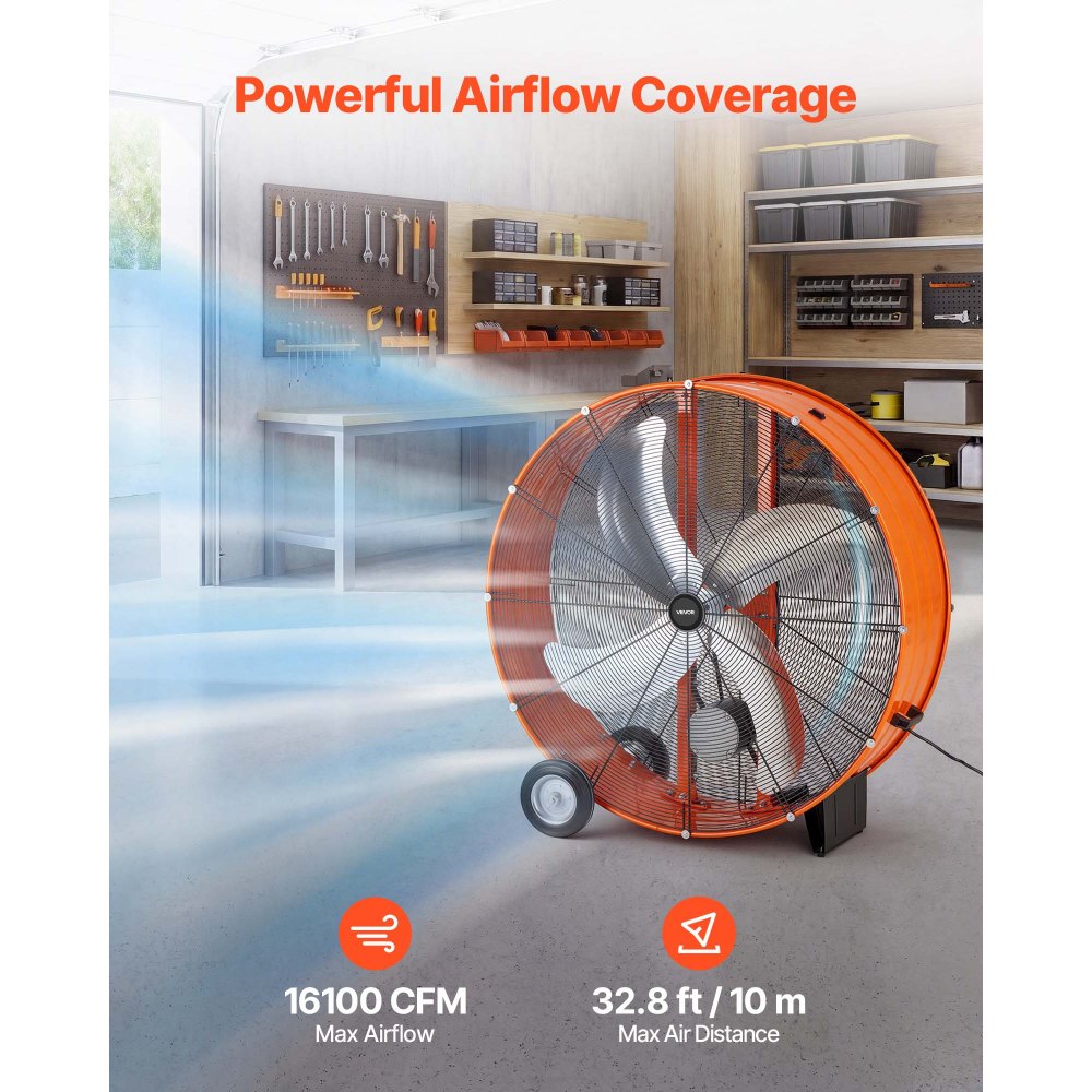 VEVOR Industrial Shop Fan, 42 Inch Floor Drum Fan, High Velocity 16100 CFM, Heavy Duty Aluminum Blades, 2 Speeds, with Handle, Ideal for Commercial, Garage, Warehouse, Basement, Workshop, Factory
