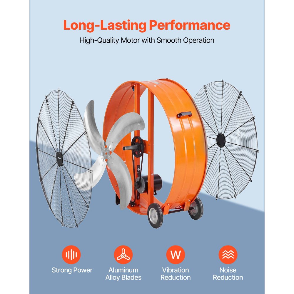 VEVOR Industrial Shop Fan, 42 Inch Floor Drum Fan, High Velocity 16100 CFM, Heavy Duty Aluminum Blades, 2 Speeds, with Handle, Ideal for Commercial, Garage, Warehouse, Basement, Workshop, Factory