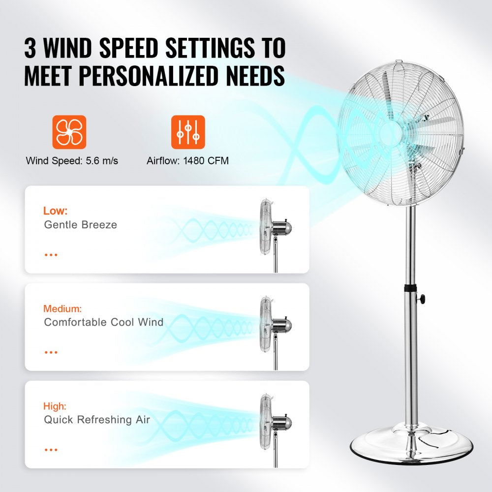 VEVOR Industrial Pedestal Fan, 16 Inch Oscillating Standing Fan, Adjustable Height Floor Stand Floor fan with 3 Adjustable Speeds, High Power Tall Fan for Bedroom, Living Room, Home Office