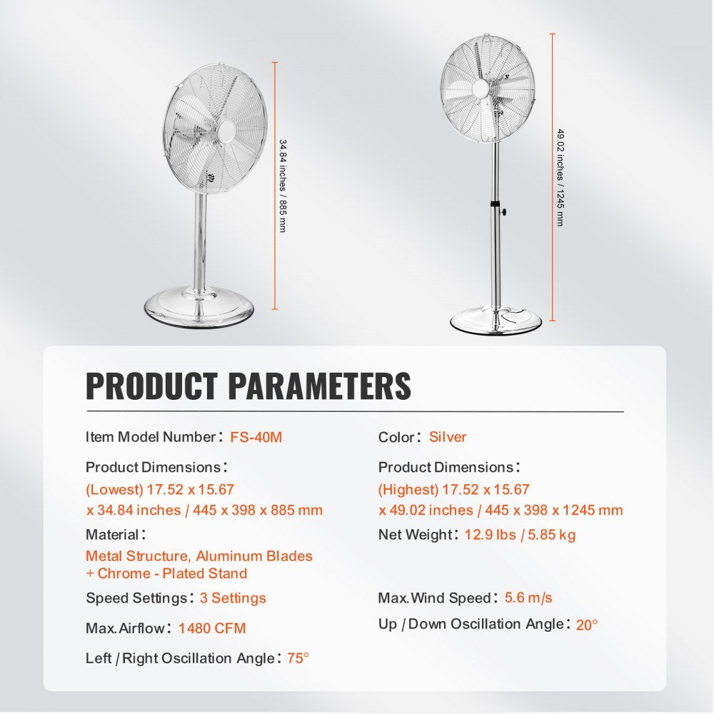 VEVOR Industrial Pedestal Fan, 16 Inch Oscillating Standing Fan, Adjustable Height Floor Stand Floor fan with 3 Adjustable Speeds, High Power Tall Fan for Bedroom, Living Room, Home Office