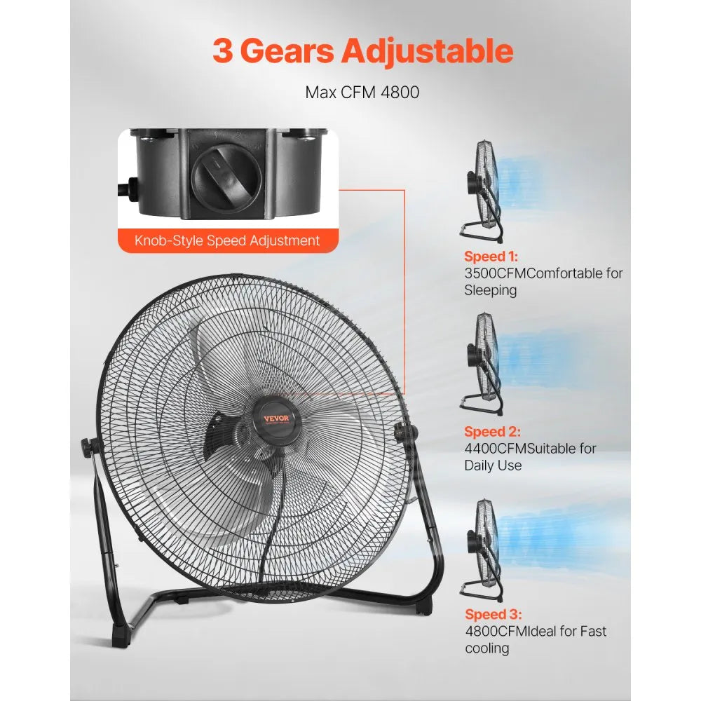 VEVOR Floor Fan, 3 Speeds High Velocity Heavy Duty 20 Inch Industrial Fan, 4800 CFM 360° Adjustable Tilt 21.33 ft/sec Airflow Large Metal Fan, for Home, Gym, Office, Garage, Commercial Shop & Bedroom