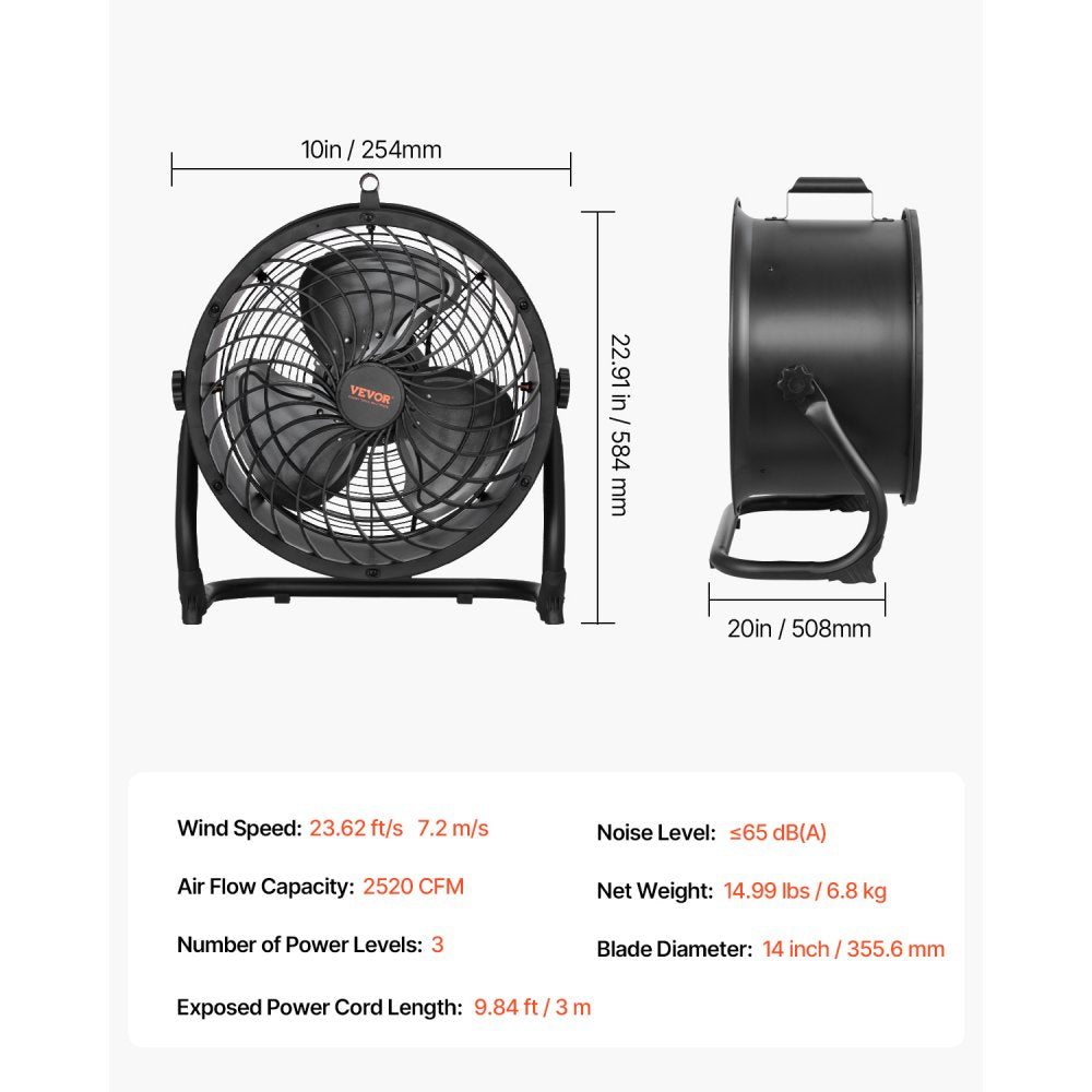 VEVOR Floor Fan, 3 Speeds High Velocity Heavy Duty 14 Inch Industrial Fan, 2520 CFM 360° Adjustable Tilt 23.62 ft/sec Airflow Large Metal Fan, for Home, Gym, Office, Garage, Commercial Shop & Bedroom
