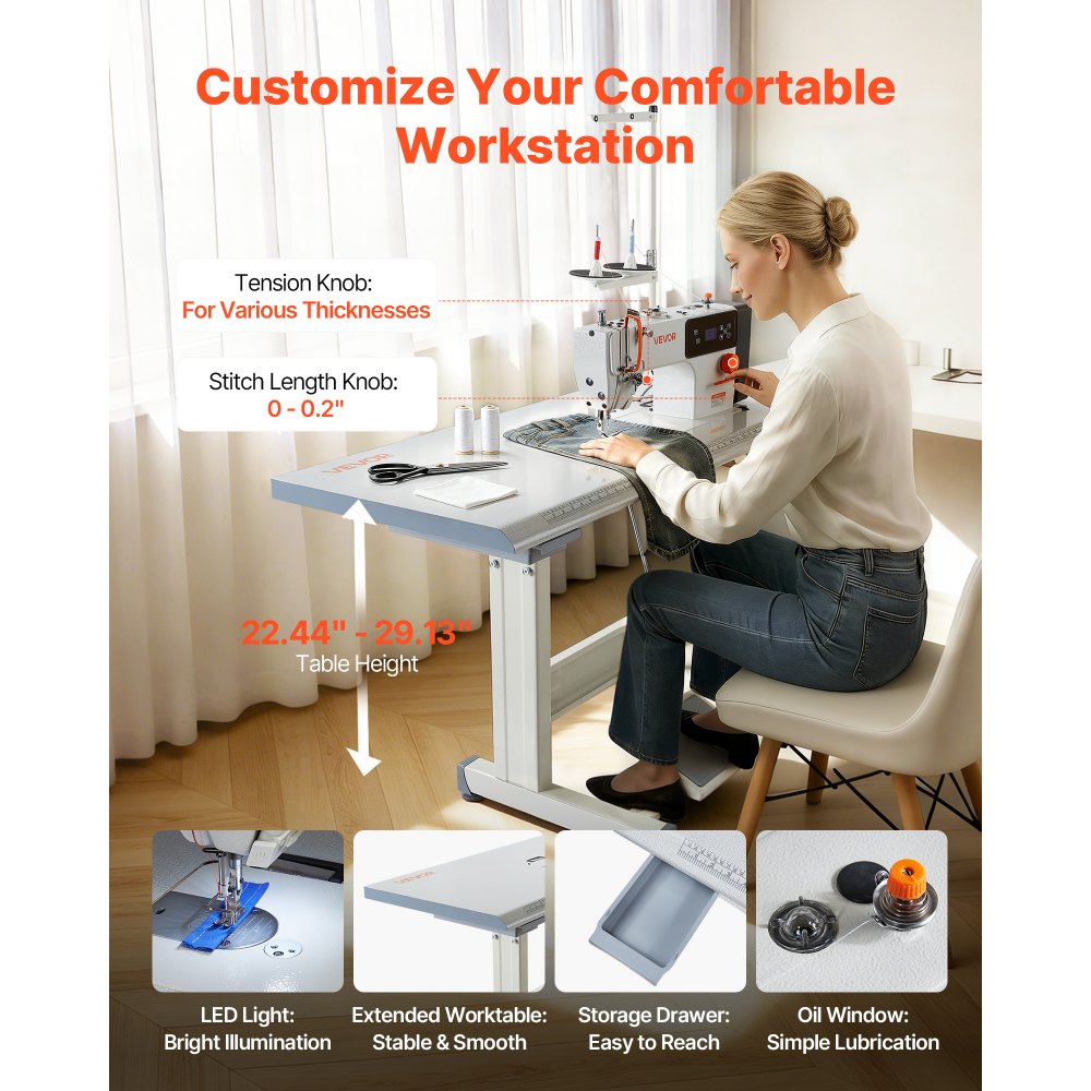 VEVOR Industrial Sewing Machine, 550W Lockstitch Sewing Machine Set with Servo Motor and Table Stand, Auto Thread Trimmer, 5000 SPM High Speed, Metal Frame, LCD Panel, LED Light, for Cotton, Denim